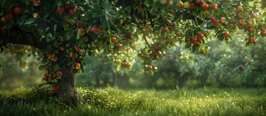 Canvas Print - An organic apple tree in a lush orchard setting with a green backdrop offers a serene copy space image