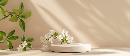 Wall Mural - showcasing a product with a white podium lovely jasmine blooms and a beige backdrop all set against 