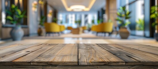 Wall Mural - A wooden table with a blurred modern hotel lobby background provides a spacious setting for showcasing products with ample copy space image