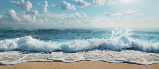 A scenic ocean landscape with the horizon meeting the sky featuring gentle waves on a sandy beach in the foreground and copy space image included