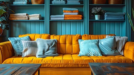 A yellow couch with pillows on it sits in front of a blue wall