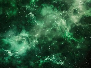 a vast galaxy with a prominent green nebula, filled with stars and cosmic mystery.
