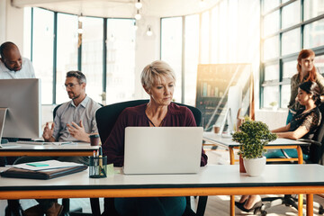 Sticker - Mature woman, reading and laptop in office for creative journalism, research or information of copywriting project. Female person, digital and typing feedback, editing article and publishing agency