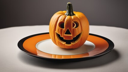 Wall Mural - A carved Jack-o'-lantern sits on an orange/black plate against a neutral background.