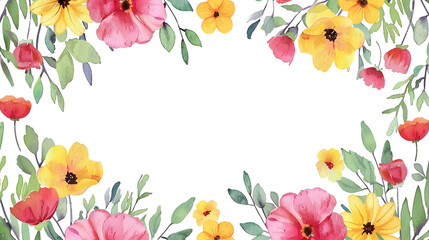 a frame of beautiful spring flowers in a watercolor style on a white background