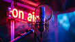© Dina Photo Stories - Professional microphone and red neon on air sign on dark blue background. Recording studio banner design. Live broadcasting, recording, audio sound equipment, podcasting, steaming