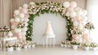 © lililia - Delightful wedding dessert area featuring a tiered cake surrounded by elegant floral arrangements and soft balloon decorations in a light-filled venue