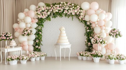 Delightful wedding dessert area featuring a tiered cake surrounded by elegant floral arrangements and soft balloon decorations in a light-filled venue