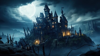 Wall Mural - Enchanted Castle on a Moonlit Island