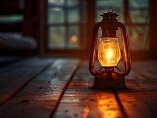 Poster - Warm Glowing Antique Oil Lamp Illuminating Rustic Room with Cozy Ambiance