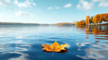 Wall Mural - serene autumn lake scene with a solitary leaf floating on calm water, surrounded by vibrant foliage 