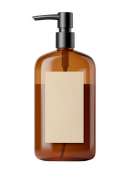 A bottle of liquid soap mockup, template with a blank label isolated on transparent background. A brown bottle of lotion with a black cap and empty label for copy space for text.