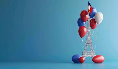 3d illustration of France National Day, French flag and Eiffel Tower with balloons on blue background for celebration French holiday concept