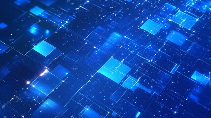 Fototapete - Abstract blue background featuring glowing digital squares, representing the flow of digital data and information in the cyber space world. This futuristic geometric pattern embodies the essence of co