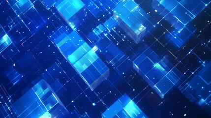 Abstract blue background featuring glowing digital squares, representing the flow of digital data and information in the cyber space world. This futuristic geometric pattern embodies the essence of co