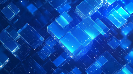 Fototapete - Abstract blue background featuring glowing digital squares, representing the flow of digital data and information in the cyber space world. This futuristic geometric pattern embodies the essence of co