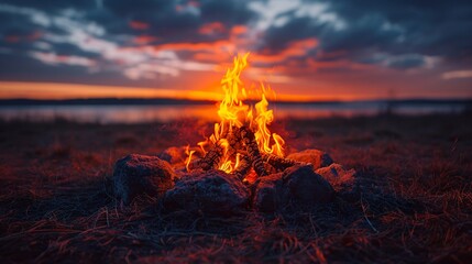 A warm campfire crackles against the backdrop of a colorful sunset over a tranquil lake, creating an inviting atmosphere for relaxation