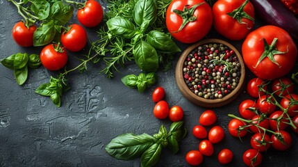 Vibrant red tomatoes, fresh basil, and assorted spices arranged artfully on a rustic table, perfect for preparing summer dishes