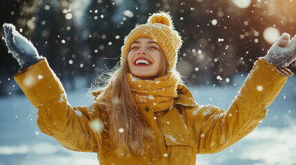 Wall Mural - Happy winter fun woman throwing snow in park