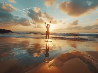 Poster - Silhouetted Yoga Pose at Serene Sunset Beach