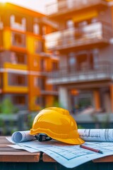 Yellow hard hat on blueprints with blurred building in background.