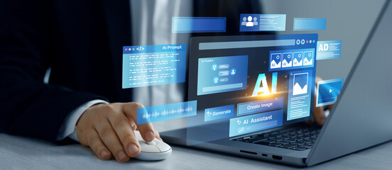 Person using laptop with Ai Content Generator. Interaction with the Ai assistant to solve some tasks more easily. Image generator, documents, marketing and advertising, bot writing and coding.