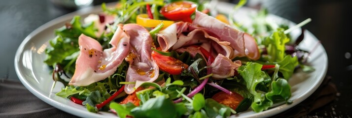 Chef salad with ham and tomatoes on a bed of mixed greens