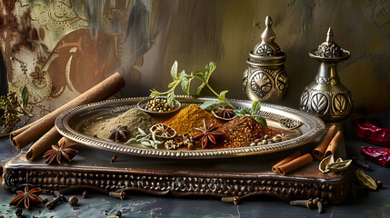 Spices and herbs cascading down onto an antique silver platter set against an old-world style backdrop.