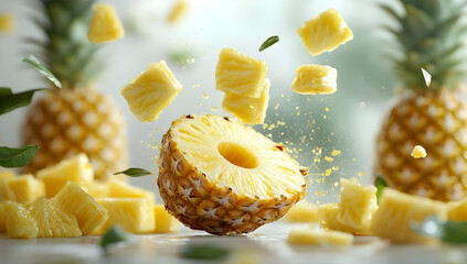 Fresh pineapple slices are exploding in the air, showcasing vibrant yellow fruit with a tropical vibe and refreshing allure.