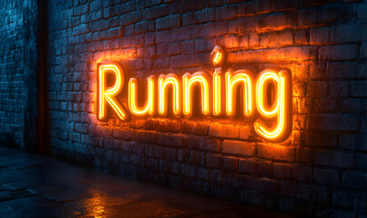 Wall Mural - Illuminated neon sign saying 'Running' against a textured brick wall, creating a dynamic and urban atmosphere.