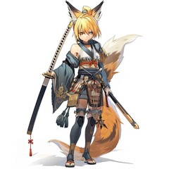 Anime Fox Warrior. AI generated art illustration.