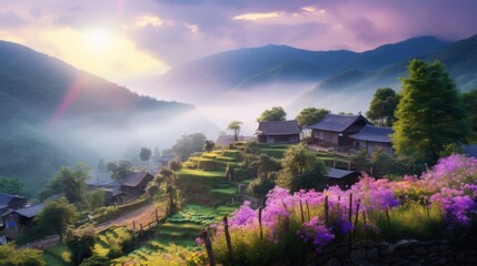 Canvas Print - Sunrise over a Misty Mountain Village