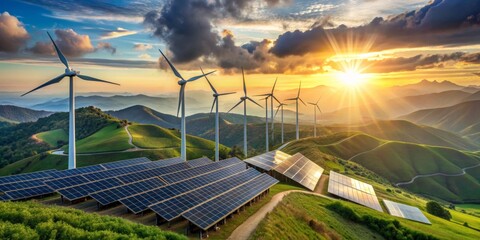 Wall Mural - Solar panels and wind turbines installed on a hilltop, symbolizing a commitment to clean energy, a sustainable future, and the use of renewable resources for eco-friendly power.