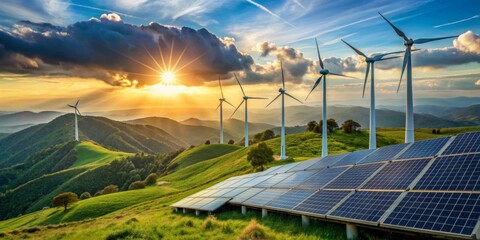 Wall Mural - Solar panels and wind turbines installed on a hilltop, symbolizing a commitment to clean energy, a sustainable future, and the use of renewable resources for eco-friendly power.