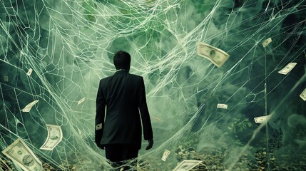 A mysterious figure in a suit walks through a web of money, symbolizing entrapment and financial struggles in a surreal setting.