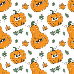 Wall Mural - Autumn seamless pattern with cute pumpkins in trendy groovy style. Retro thanksgiving pattern background.