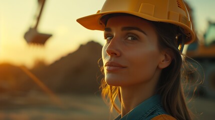 Wall Mural - Portrait of a beautiful woman with a helmet on a construction site, with a backhoe in the background.