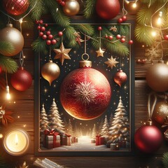 Wall Mural - merry christmas card with hanging ball decoratoin.