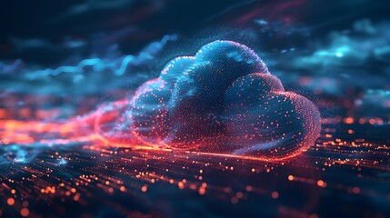Sticker - futuristic cloud computing network with glowing nodes and flowing data