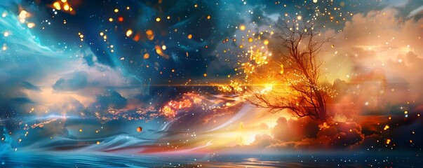 Canvas Print - Surreal Landscape with Tree and Glowing Lights.