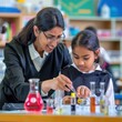 © Miso Ai - A female teacher guides a young student in a science experiment, promoting learning and exploration.