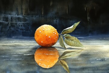 Wall Mural - Fresh orange with water droplets on reflective surface