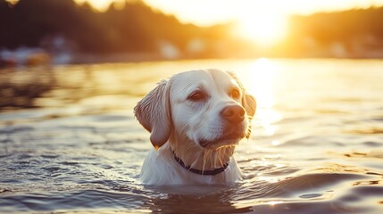 Wall Mural - white dog swimming in sunset lake.