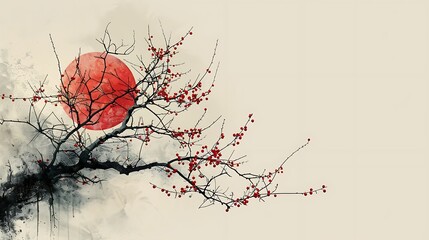 An illustration in asian style of tree is on a rock in front of a red sun