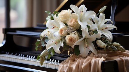 Canvas Print - White Lilies and Roses on a Grand Piano