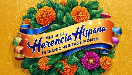 Detailed illustration of Hispanic Heritage Month celebration with marigold flowers, decorative sombreros, and a festive banner.