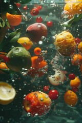 Wall Mural - Waterfall of fresh fruit, bubbling water creating a vibrant splash around juicy pieces of apple, orange, lemon and berry.