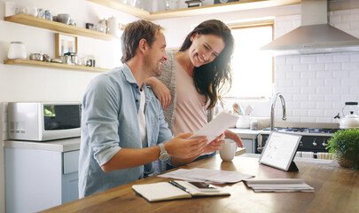 Poster - Couple, happy and tablet with documents at house for financial planning, bank balance and debt payment. Man, woman and paperwork for budget savings, property insurance and credit score of mortgage