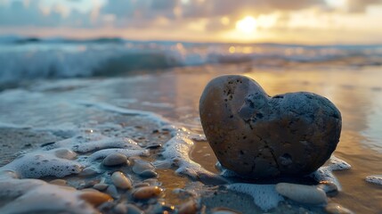 Wall Mural - Heart Shaped Rock on Serene Beach at Sunset