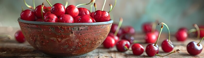 Poster - Vibrant Red Cherries Freshly Harvested in Rustic Wooden Bowl on Vintage Table